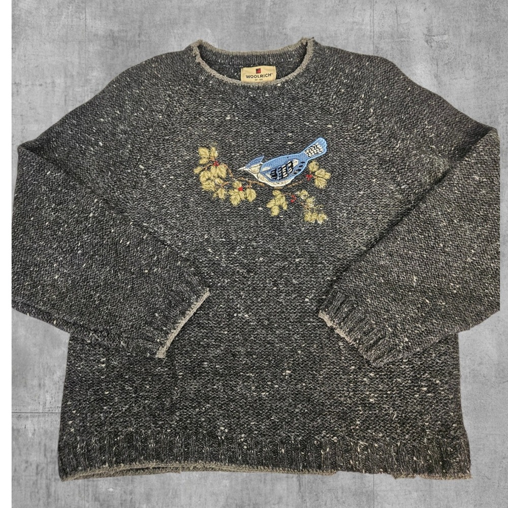 WOOLRICH Sweater Large Petite Cottagecore Blue Jay Embroidered C9